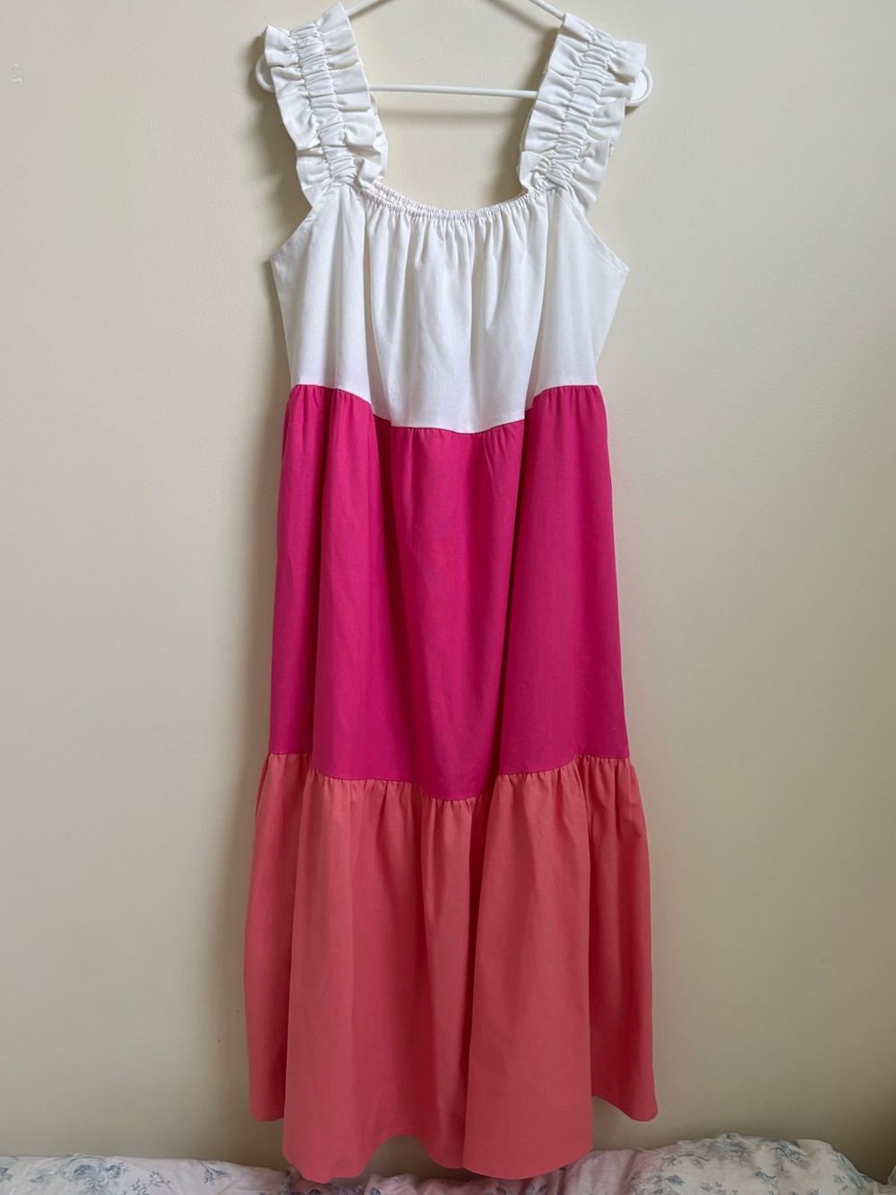 Victoria Dunn White, Hot Pink & Coral Tiered Ruffle Strap Maxi Dress